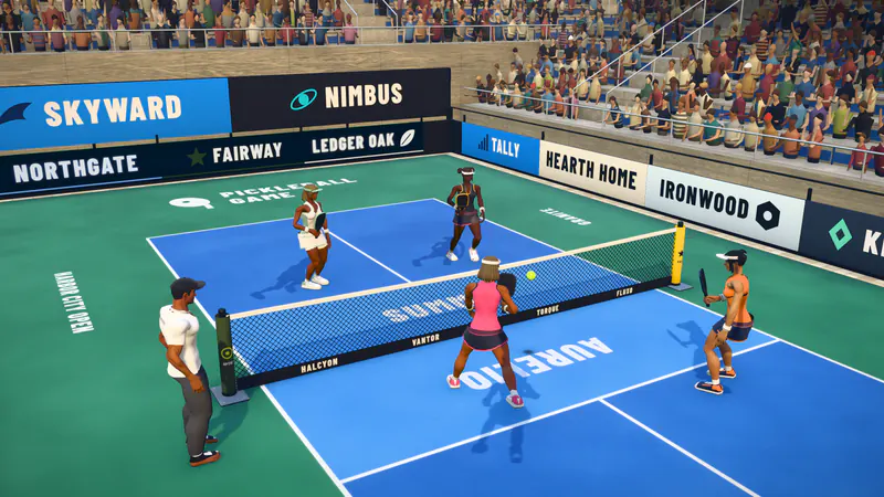 A doubles match: four players at the net