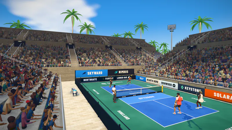 A pro stadium with full stands and a blue court